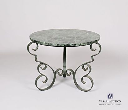 Wrought iron pedestal table with a green...