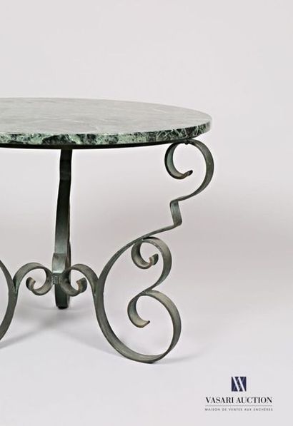  Wrought iron pedestal table with a green patina, the round sea-green marble top...