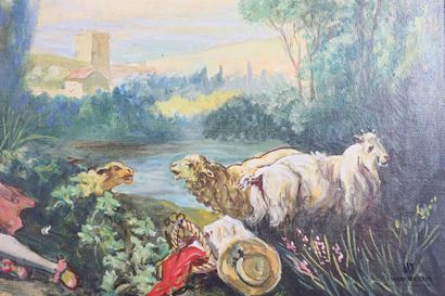  French school of the 20th century Scene of pastoral seduction Oil on canvas (a hole)...
