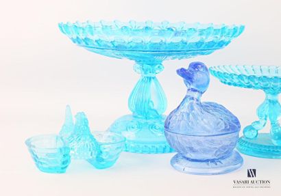 null Blue-tinted moulded glass set comprising a mounted bowl, the openwork rim with...