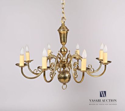  Brass chandelier with eight arms of light in winding, the baluster shaft ended by...