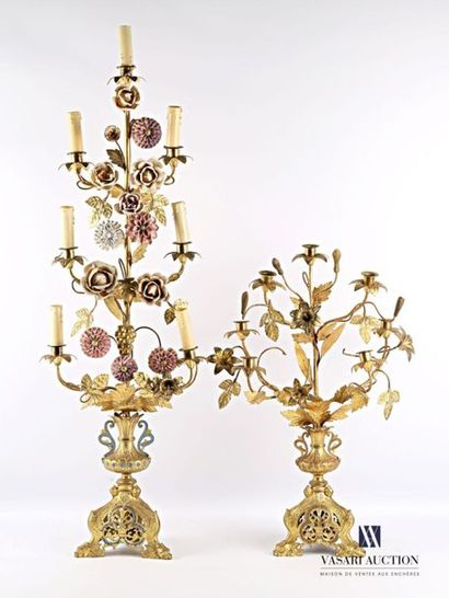 null Set comprising two bronze girandoles, the first with seven arms of light, the...