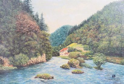  FOURQUIN J.(XXth century) House by the river Oil on canvas Signed lower right 55...