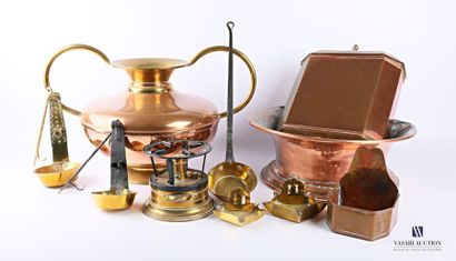 null Copper and brass lot including a vase on a pedestal, the flattened body flanked...