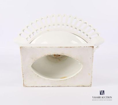 null White porcelain bowl resting on a rectangular base surmounted by a pedestal,...