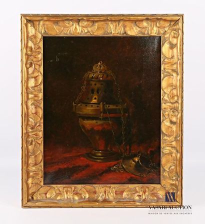  LECLERCQ E. (19th century) Incense burner on red drape Oil on canvas Signed and...
