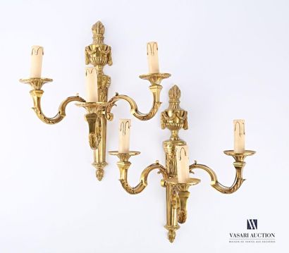Pair of varnished bronze sconces with three...