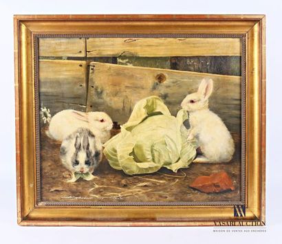  ROBERTS E. W. (Late 19th century) Rabbits nibbling cabbage Oil on canvas Signed...