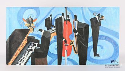  Lot of four paintings including : - Dominguez (XXth century) - Jazz players - Oil...