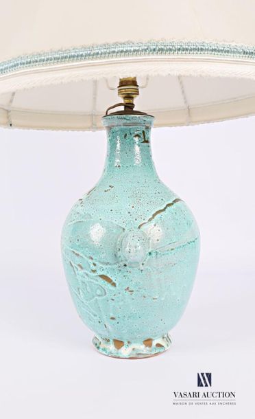 null Lamp base in ovoid shape in glazed terracotta with green monochrome decorations,...