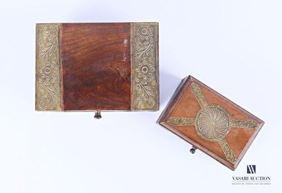 null Wooden box in natural wood decorated with embossed brass band with flowers and...