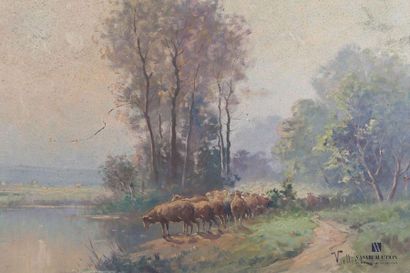 null VILLIEZ (XXème siècle)
Troupeau de moutons en bord d'étang
Huile sur toile
Signée...