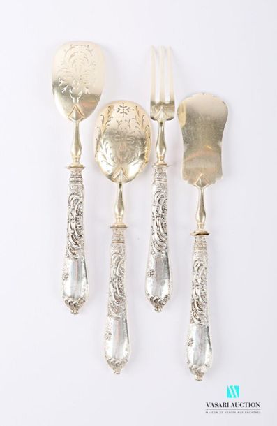null Suite of four silver condiment pieces, the handle filled with waves, foliated...