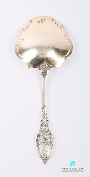 null Strawberry spoon in silver, the amati handle is decorated with leafy staples...