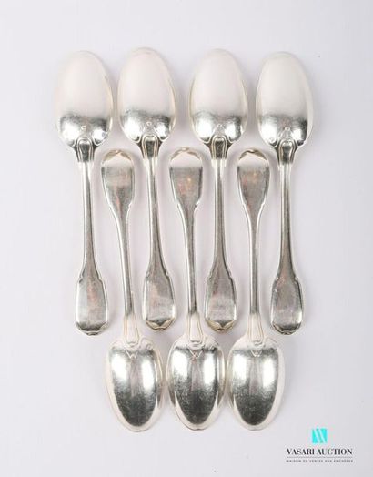 null Set of seven silver teaspoons, the handle hemmed with fillets.
Master goldsmith:...