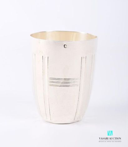 null Silver truncated cone shaped timbale resting on a flat bottom, the belly is...