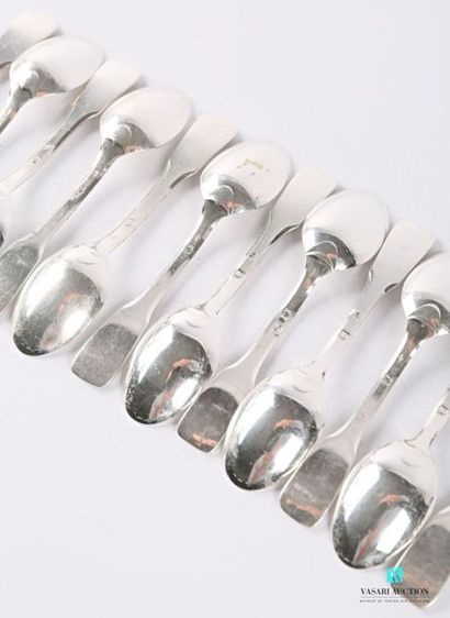 null Suite of twelve silver mocha spoons, single flat handle.
Weight: 185.80 g 