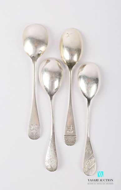 null Set of four silver egg spoons, the first with chipped handles, the second with...