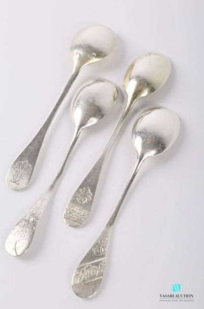 null Set of four silver egg spoons, the first with chipped handles, the second with...