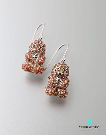 null Pair of silver earrings with teddy bear design paved with multicoloured treated...