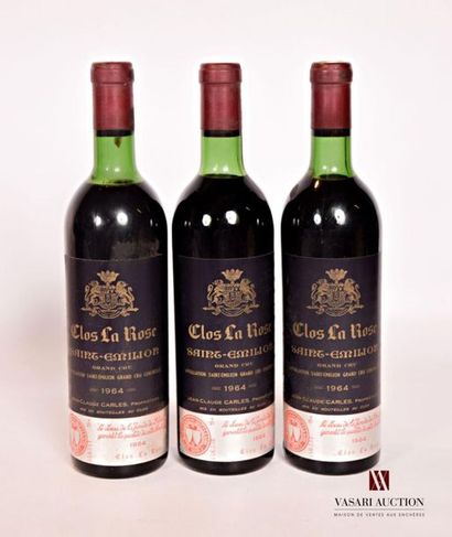 null 3 bouteilles	CLOS LA ROSE	St Emilion GC	1964
	Et. à peine fanées. N : 2 tout...