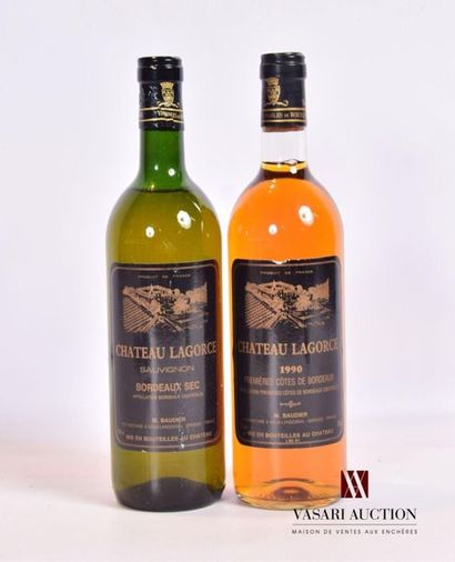 null Lot of 2 bottles including:
1 bottleChâteau LAGORCE1ères Côtes de Bordeaux1990
1...