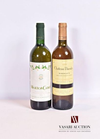 null Lot de 2 bouteilles comprenant :		
1 bouteille	MOUTON CADET	Bordeaux blanc sec	1996
1...