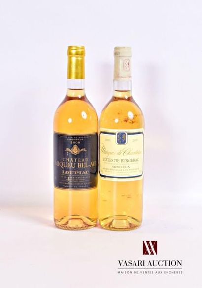null Lot de 2 bouteilles comprenant :		
1 bouteille	Château MIQUEU BEL-AIR	Loupiac	2008
1...