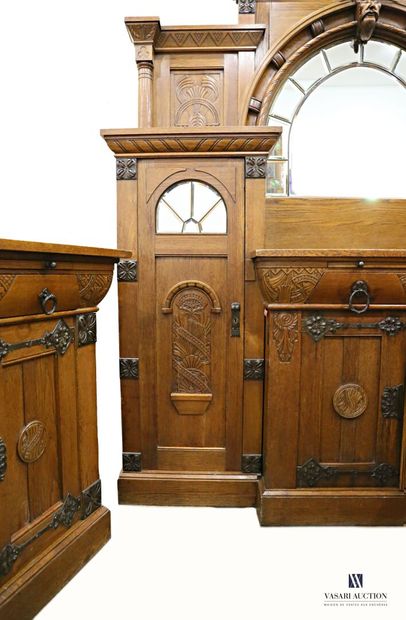 null Moulded and carved oak dining room furniture comprising a sideboard at support...