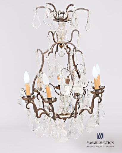 null Iron cage chandelier with six arms of lights decorated with pendants such as...