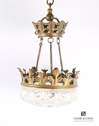 null Crystal and bronze suspension, the basin centred on a flowered button decorated...