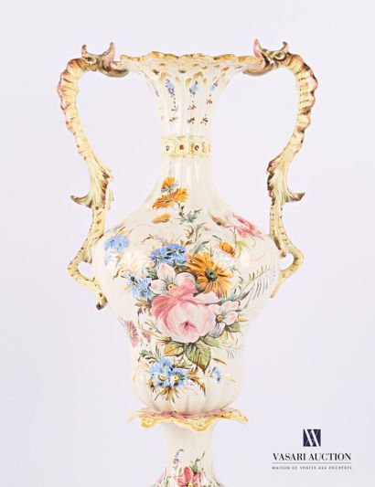 null Vase and its white earthenware support with polychrome decoration of flowers,...