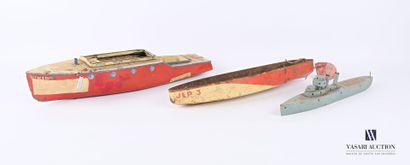 null Three toys representing boats including: a warship in blue stained wood (wear...