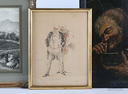 null Set of three framed pieces including : 

-A watercolor on paper titled "Un Bon...