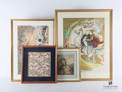null Set of four framed pieces including :

- A lithograph depicting a rider kidnapping...