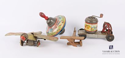 null Set of five toys including: a mechanical plane in painted sheet metal marked...