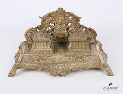 null Bronze and gilded metal desk set with scroll decoration, floral bowl and ribbon...
