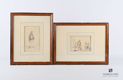 null Set of two framed pieces including :

-A pencil drawing on paper of a pensive...