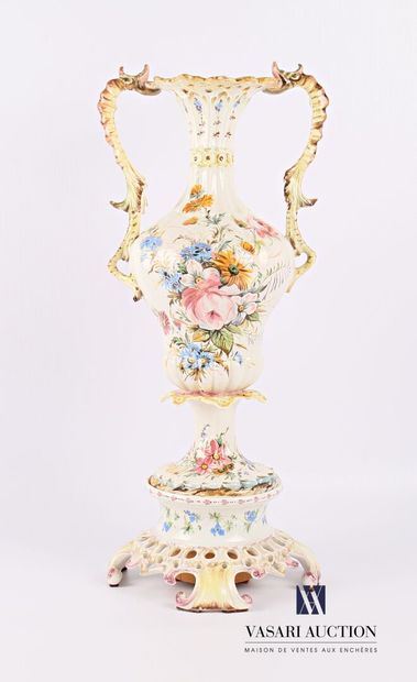 null Vase and its white earthenware support with polychrome decoration of flowers,...