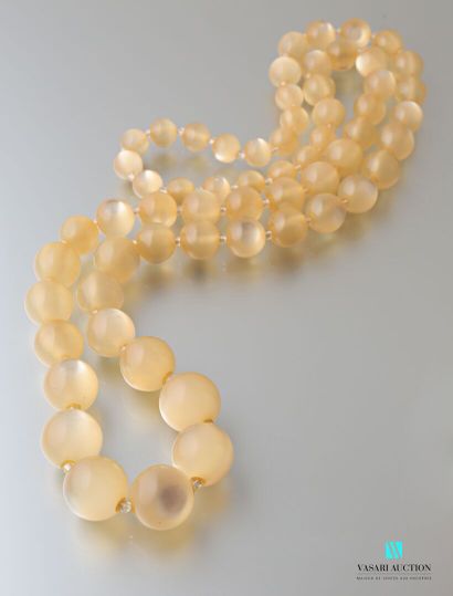 null Long necklace decorated with falling resin beads in imitation of moonstone.

Length...