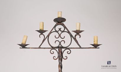 null Iron lamp with five lights arranged in a pyramid, the top decorated with openwork...