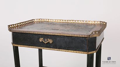 null Side table in blackened wood and veneer decorated with floral bouquets inlaid...