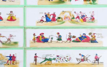 null Set of sixteen plaques of magic lanterns with polychrome decoration including:...