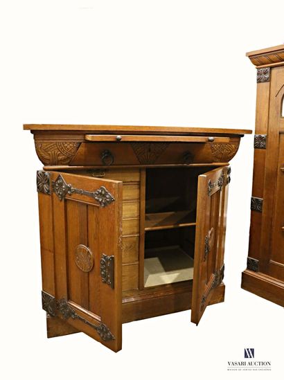 null Moulded and carved oak dining room furniture comprising a sideboard at support...