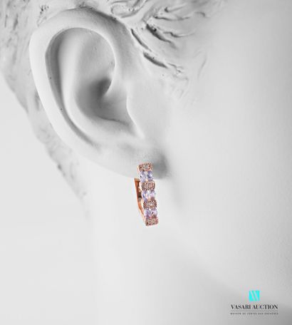 null Pair of pink vermeil earrings set with violet gemstones on three rows interspersed...