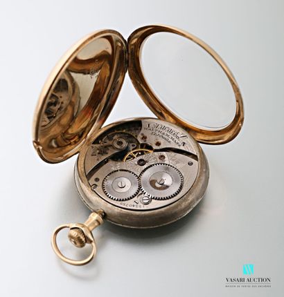 null Waltham, pocket watch in 585-thousandths yellow gold, chased back with numerals,...
