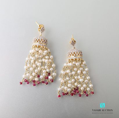 null Pair of vermeil ear pendants featuring a diamond crown supporting lines of pearls...