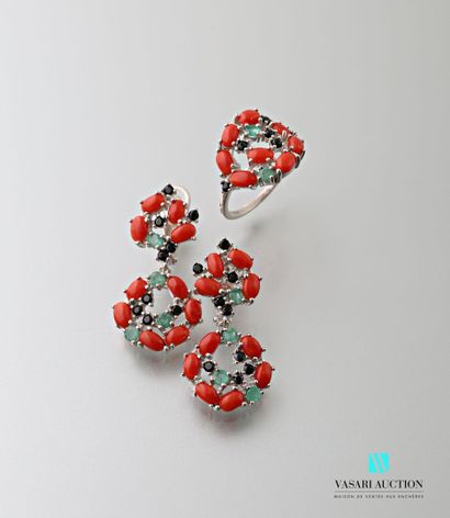 null Silver half-piece with round motifs set with coral, emeralds and black stones...