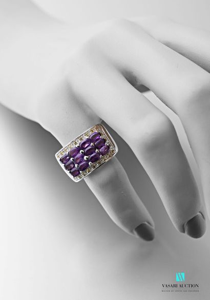 null 925 sterling silver band ring set with three rows of oval amethysts in a surround...