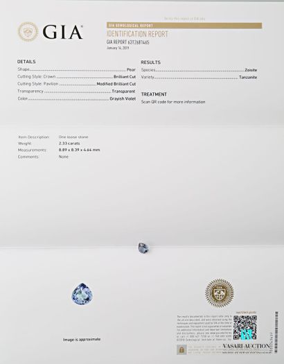 null Tanzanite poire sur papier de 2,33 carats avec son certificat GIA du 14 janvier...